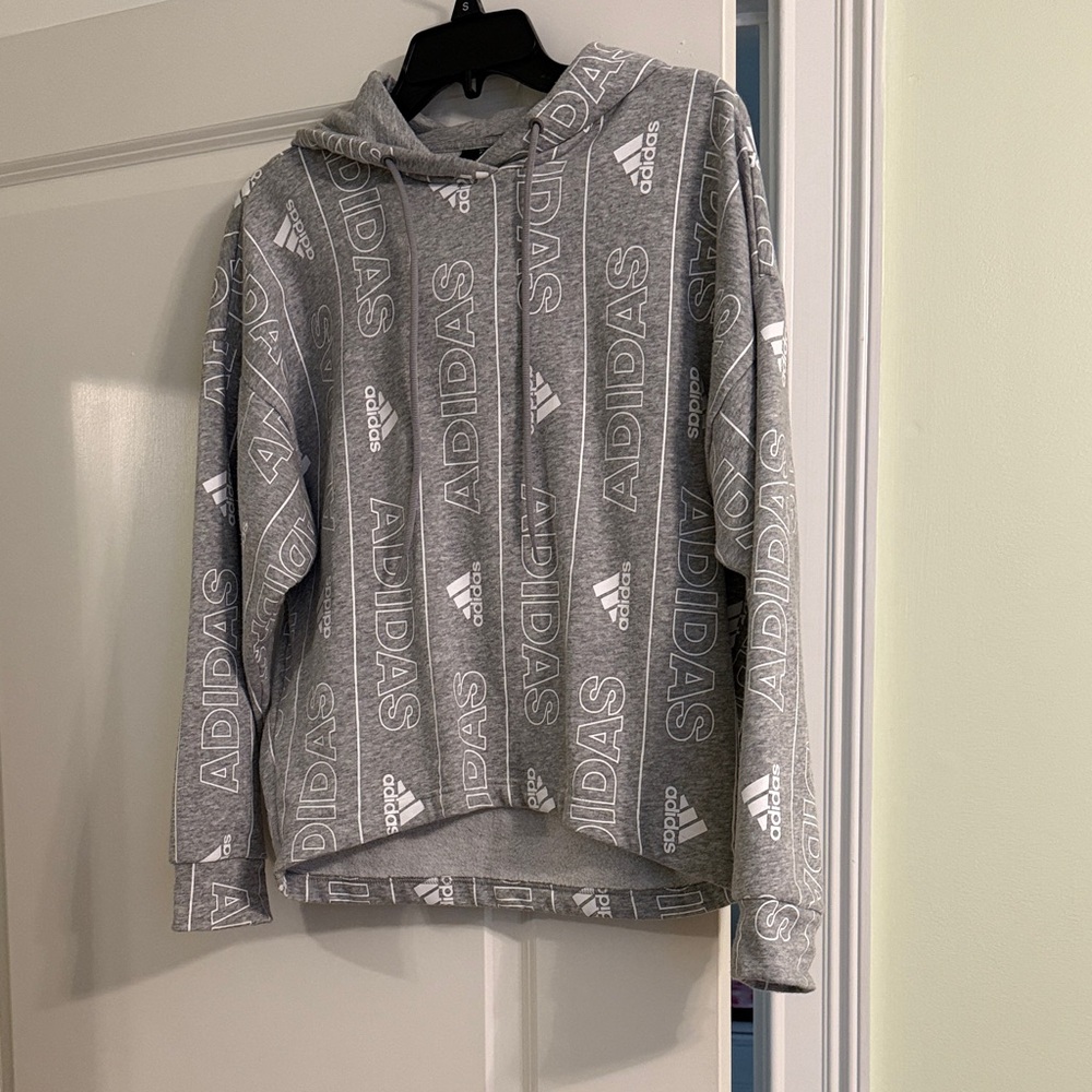 Adidas Gray Logo Pattern Hoodie